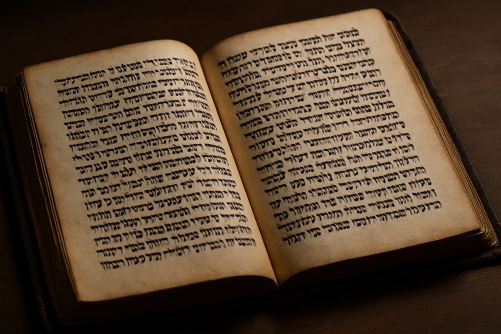 كتاب أثري مفتوح تظهر على صفحاته كتابة قديمة تشبه اللغة العبرية، مع خطوط داكنة وواضحة فوق ورقٍ متقادم يوحي بقدم المخطوطة.