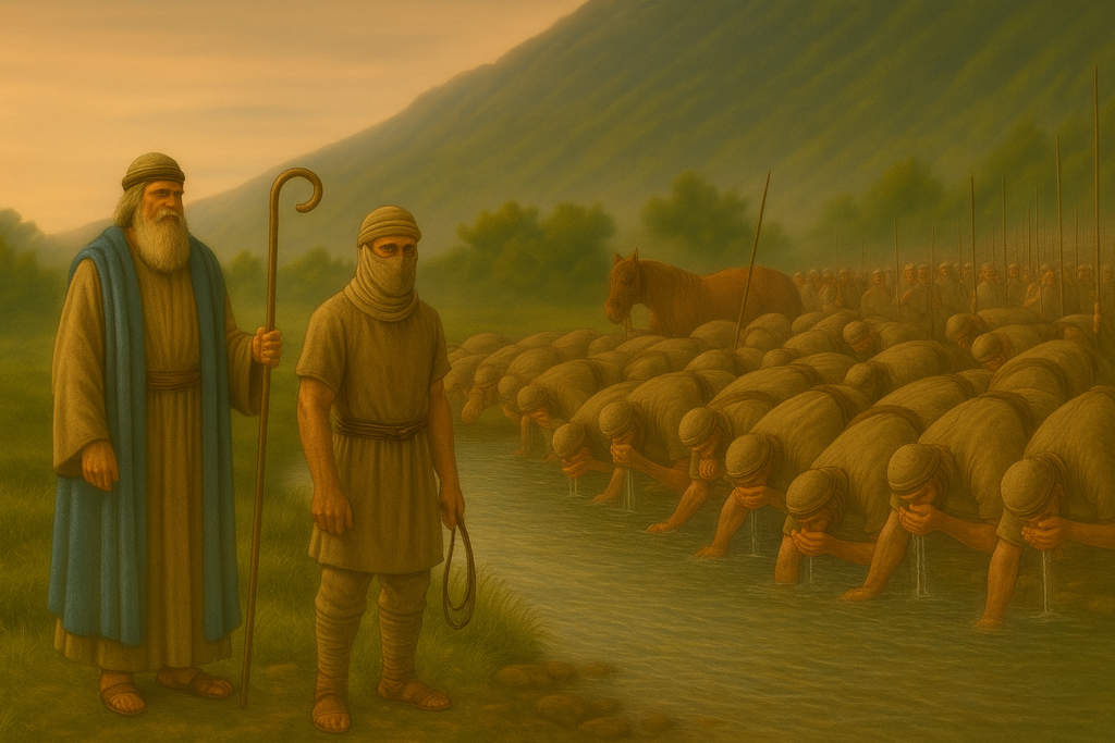 شيخ جليل ورجل ملثم يقفان على ضفة نهر بينما جنود مصطفون ينحنون ويشربون الماء بأيديهم، في مشهد تاريخي بإضاءة ذهبية وخلفية جبال خضراء، بأسلوب لوحة واقعية سينمائية.