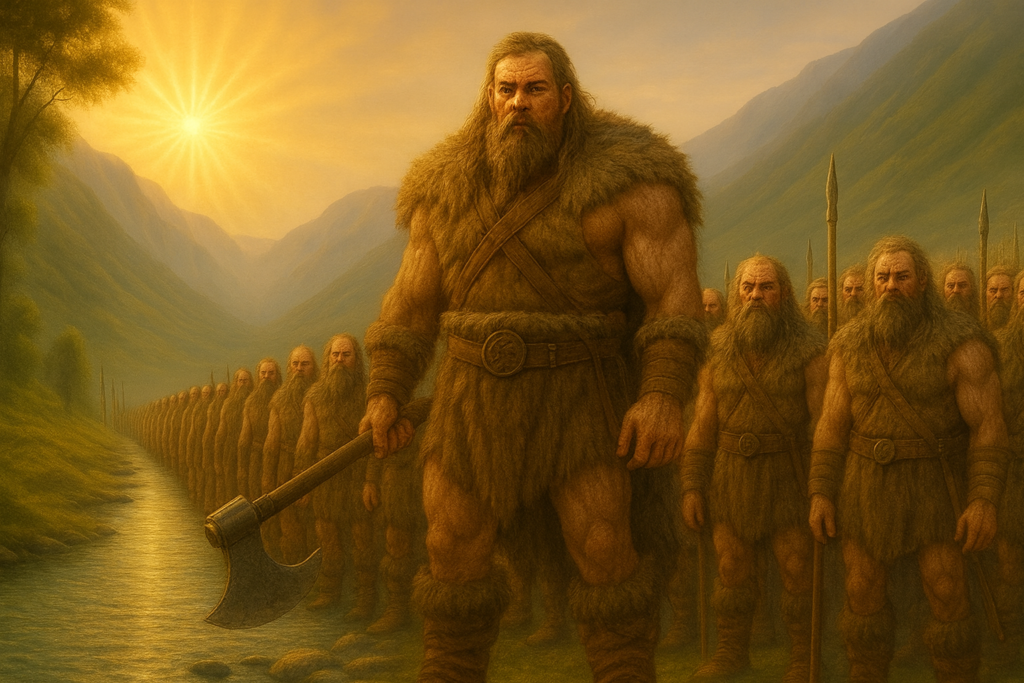 محارب عملاق يتقدّم صفوف جيشه في وادٍ جبلي عند شروق الشمس في مشهد مهيب يرمز لظهور جالوت
