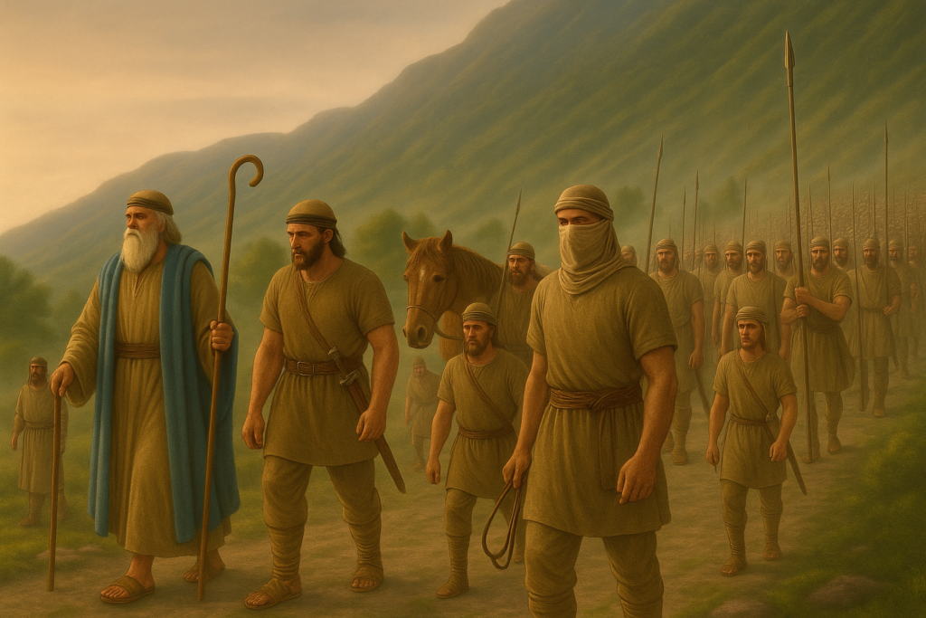 طالوت يقود بني إسرائيل في صفوف منتظمة عبر وادٍ جبلي نحو المواجهة الحاسمة مع جالوت، في مشهد ملحمي هادئ يسبق المعركة.