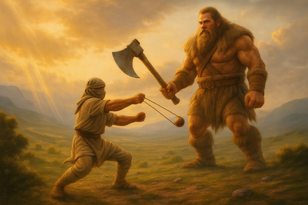 مشهد سينمائي لداوود وهو يواجه جالوت بالمقلاع أمام عملاق ضخم يحمل فأسًا في وادٍ مفتوح وقت الغروب.