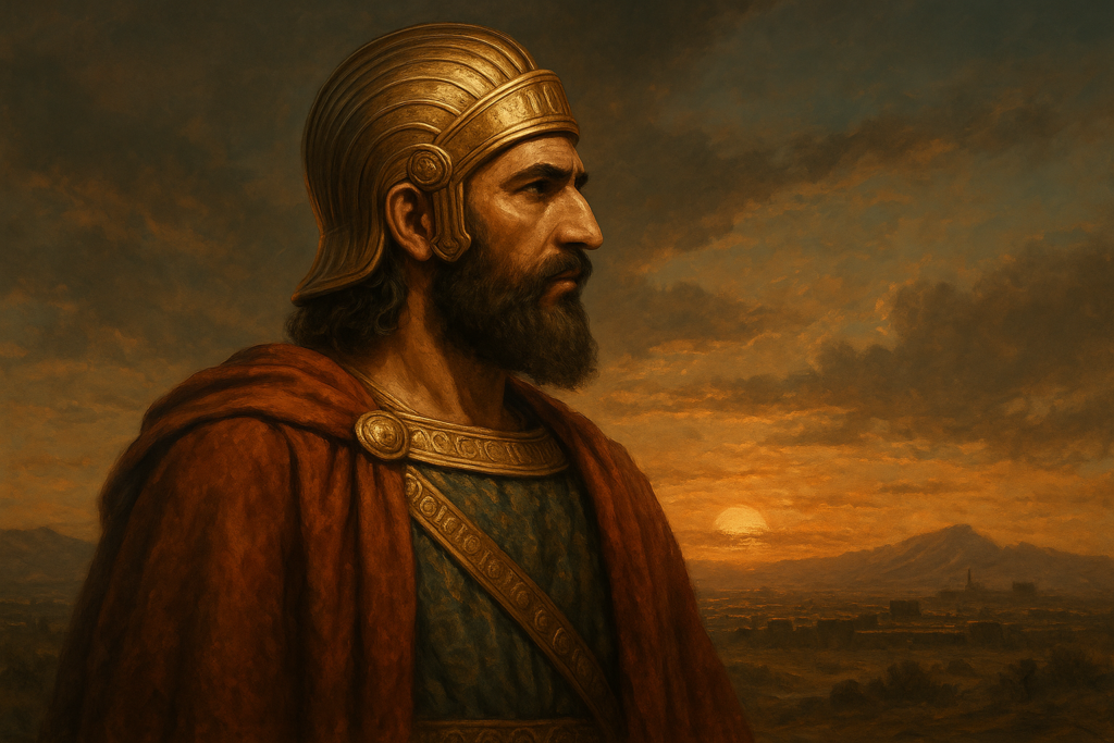 كورش الكبير برسم شبه واقعي سينمائي صورة شبه واقعية تُظهر كورش الكبير يقف أمام أفق غربي مضيء، مرتدياً درعاً فارسياً وعباءة ملكية، في مشهد سينمائي يعكس قوة حضارته.