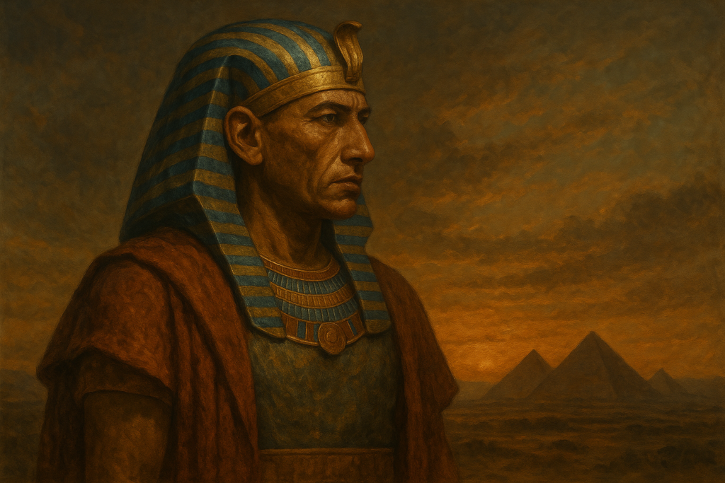 تحتمس الثالث بملامح قائد مصري لوحة رقمية شبه واقعية تُظهر تحتمس الثالث بزيه الفرعوني التقليدي أمام غروب مصري دافئ وأهراماتٍ تتلاشى في الخلفية.