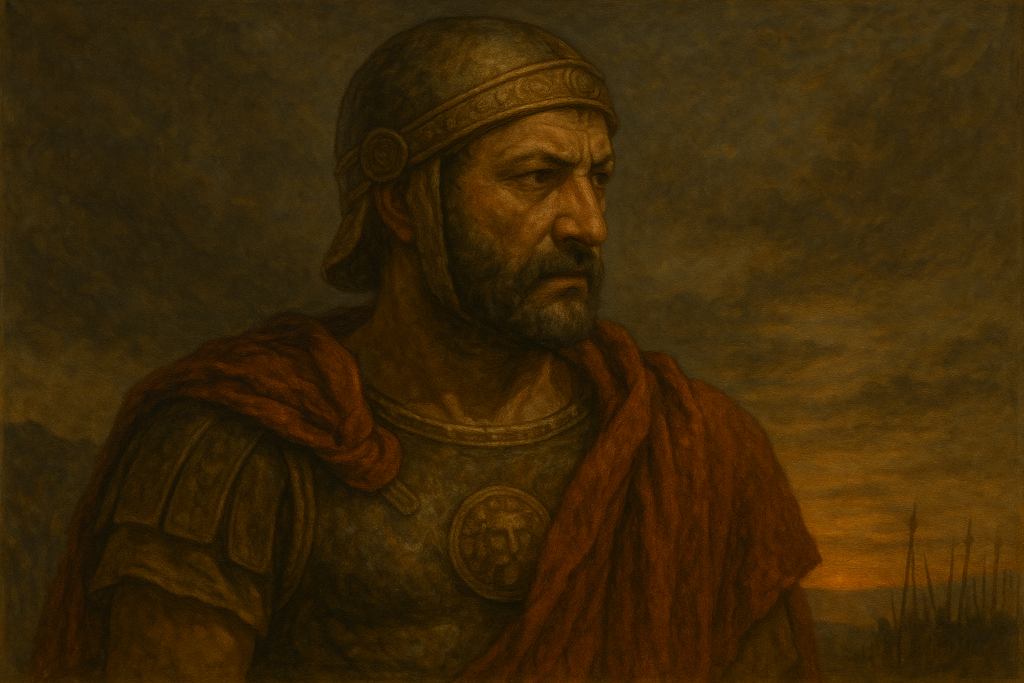 هانيبال القرطاجي في مشهد تراجيدي عمل فني يعرض هانيبال بملامح صارمة ودرع ثقيل، محاطاً بضوء غروب قاتم وساحة معركة تتوارى خلفه.