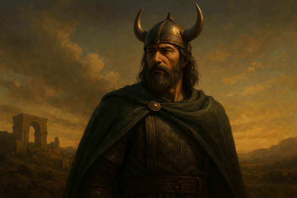 ذو القرنين في مشهد أسطوري لوحة شبه واقعية تُظهر شخصية ذو القرنين بملابس حربية قديمة وخوذة رمزية، واقفاً على تلٍ مرتفع تحت سماء ذهبية، وخلفه آثار قديمة ومعالم تشير إلى رحلاته بين المشرق والمغرب.