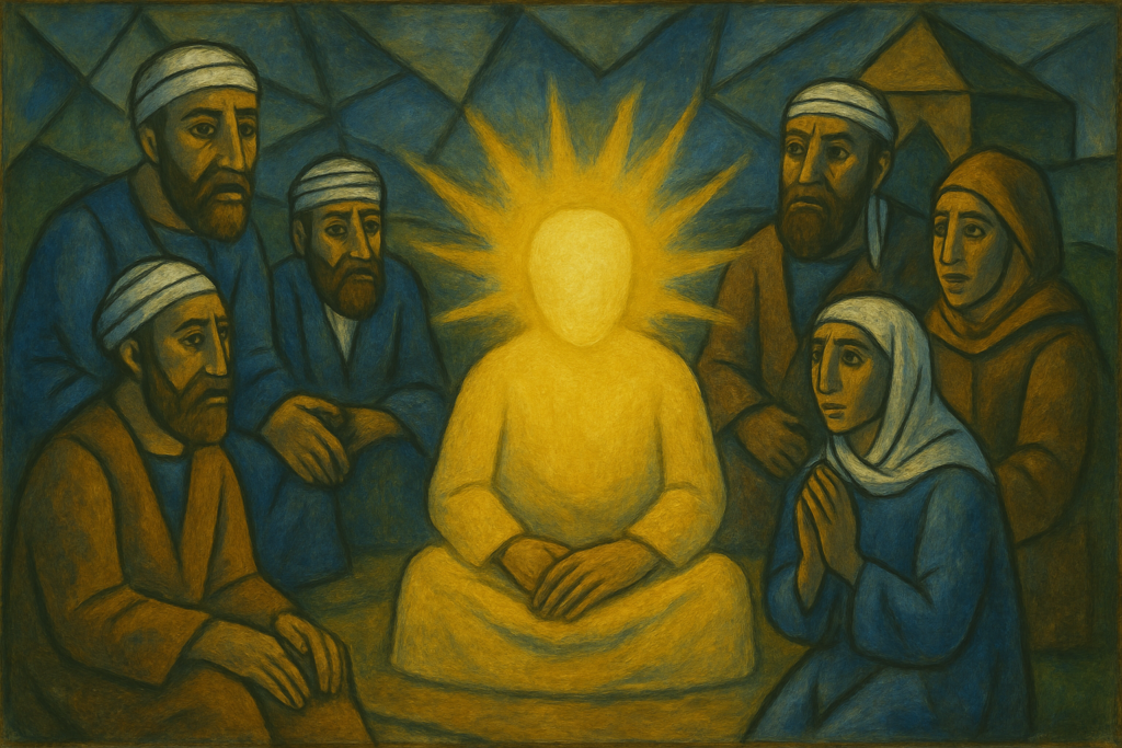 مشهد رمزي لسيدنا موسى مع قومه عمل فني بأسلوب يشبه بيكاسو يُظهر هيئة من نور تمثل موسى عليه السلام، يقف بين رجال يرتدون الزي العبري القديم دون أي تجسيد للجسد.