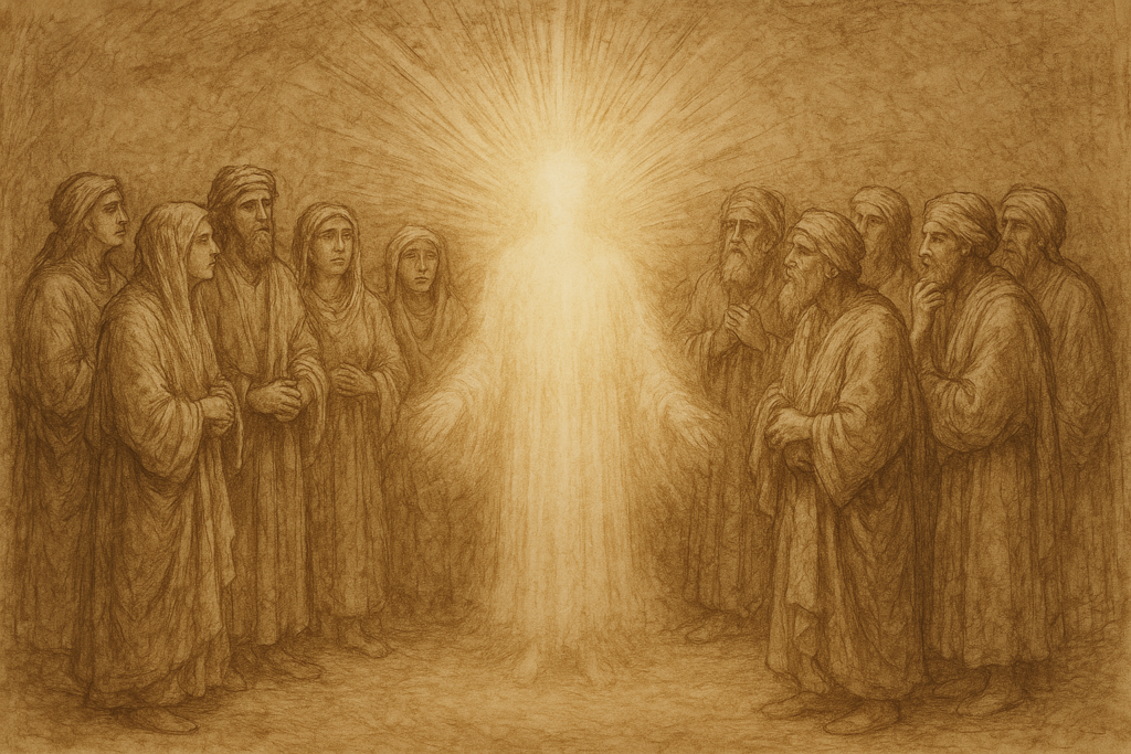 رسمة رمزية لسيدنا عيسى مع قومه صورة فنية تُظهر كائناً نورانياً بلا ملامح يمثل عيسى عليه السلام يتوسط حلقة من الرجال بزي عبري، في أسلوب يشبه لوحات ليوناردو.