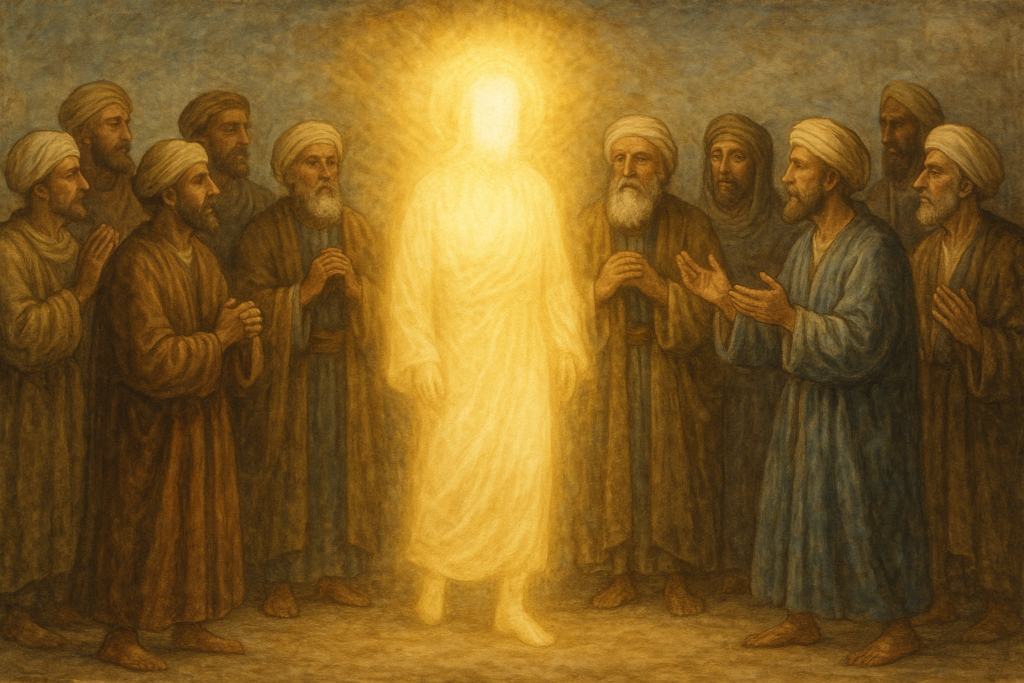 رسمة رمزية للمسلمين في عهد الرسول لوحة بأسلوب ميكال أنجلو تُظهر كائناً نورانياً بلا ملامح يرمز للنبي محمد ﷺ، محاطاً برجال يرتدون الزي العربي القديم، دون إظهار أي جزء من جسده.