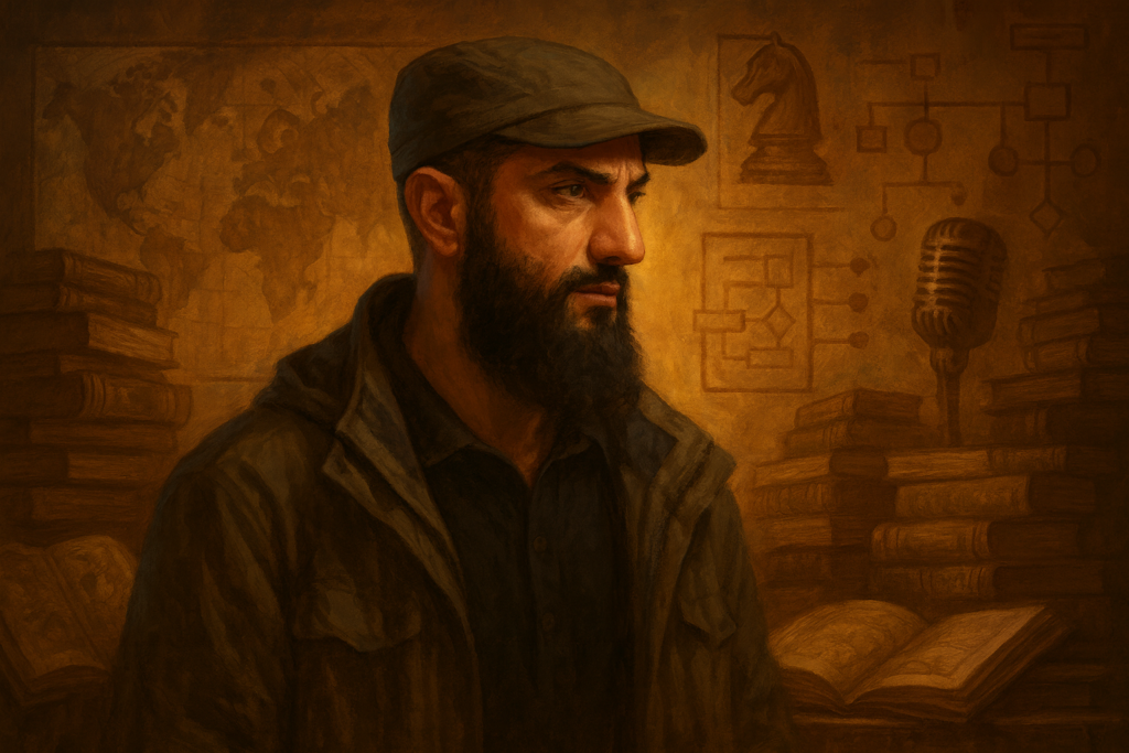 صورة مولدة بالذكاء الاصطناعي تُظهر تمثيلًا رمزيًا لمسار المهارات مستوحى من شخصية أحمد الشرع.