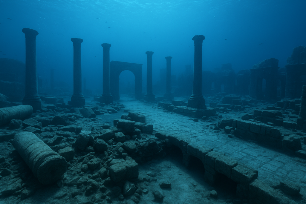 المرفأ التجاري الغارق في البحر المتوسط مشهد واقعي لمرفأ تجاري عتيق غارق تحت الماء، يظهر أعمدة حجرية وأقواس ومعالم مدينة مغمورة.