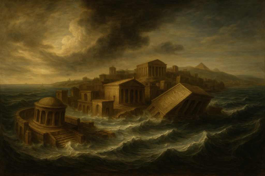 مشهد فني لغرق مدينة هرقليون بأسلوب دا فينشي رسمة بأسلوب عصر النهضة تُجسّد مدينة عتيقة تغمرها الأمواج بينما تنهار مبانيها تحت سماء عاصفة.