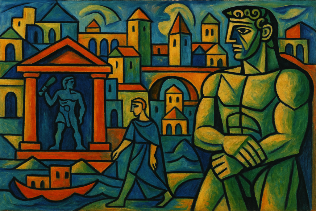 مدينة هرقليون ومعبد هرقل بأسلوب تكعيبي لوحة تكعيبية بأسلوب بيكاسو تُظهر معبد هرقل ومعالم مدينة هرقليون بأشكال هندسية وألوان قوية.