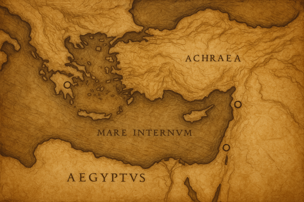 خريطة الموانئ القديمة بين مصر واليونان بأسلوب مايكل أنجلو خريطة فنية بألوان أثرية تُظهر موانئ مصر القديمة واليونان وخطوط الملاحة في البحر المتوسط.