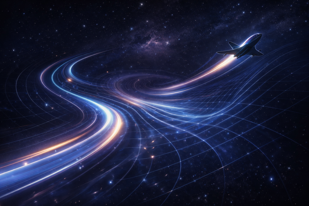 اكتشاف تباطؤ الزمن في الفيزياء الحديثة تصور تجريدي للزمن كنهر منحنٍ يتأثر بحركة الأجسام السريعة في الفضاء