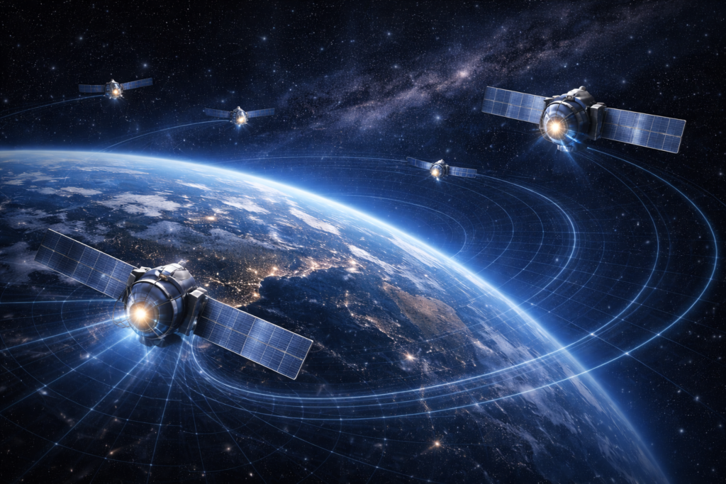 تباطؤ الزمن في الأقمار الصناعية وأنظمة الملاحة أقمار GPS تدور حول الأرض مع انحناء الزمكان وتأثيره على الزمن