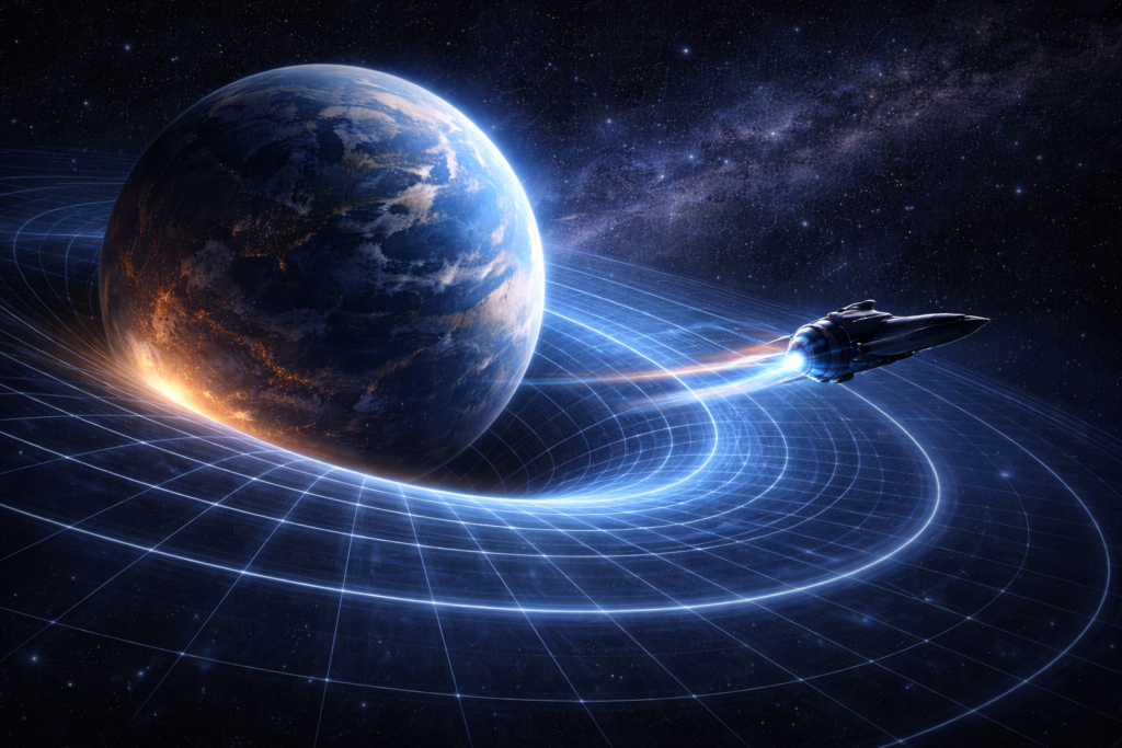 تأثير الجاذبية والحركة على الزمن كوكب ضخم يشوه نسيج الزمكان مع مركبة سريعة تمر بجانبه