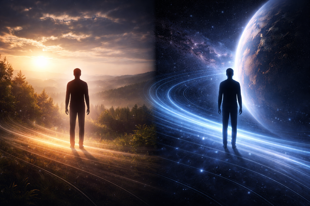 نسبية الزمن بين الأرض والفضاء شخصان متماثلان في بيئتين مختلفتين يرمزان لاختلاف مرور الزمن