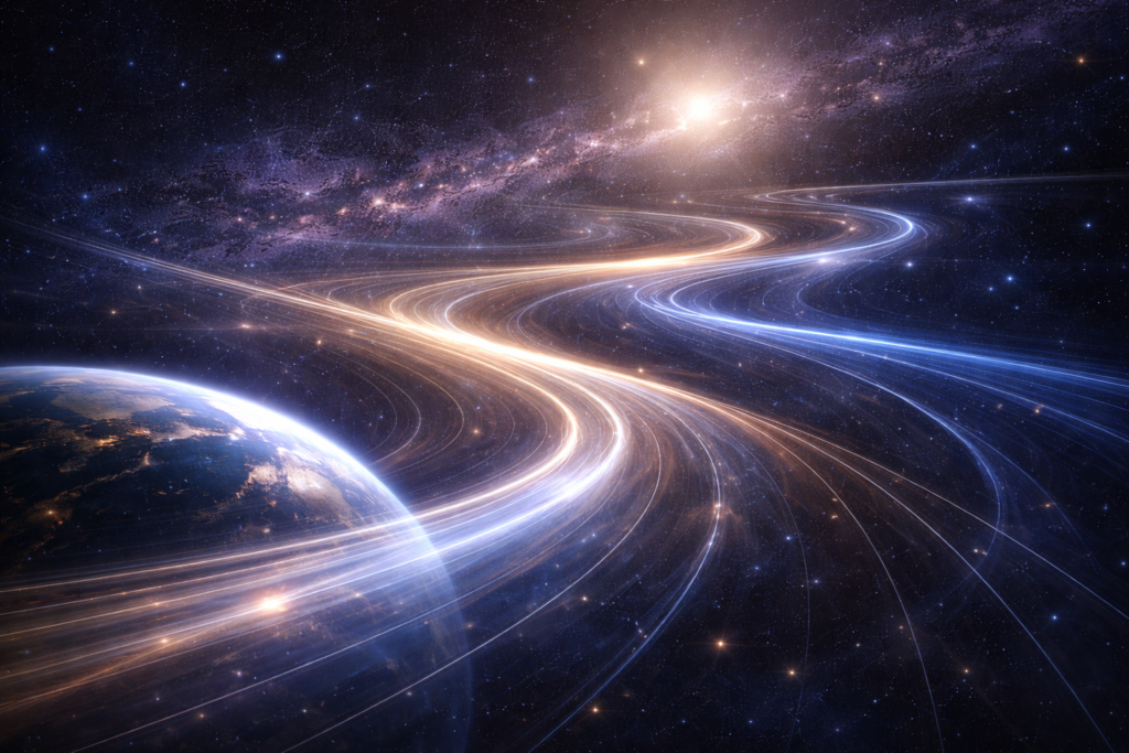 اختلاف مقاييس الزمن في الكون مشهد كوني تجريدي يُظهر طبقات زمنية متعددة بسرعات مختلفة