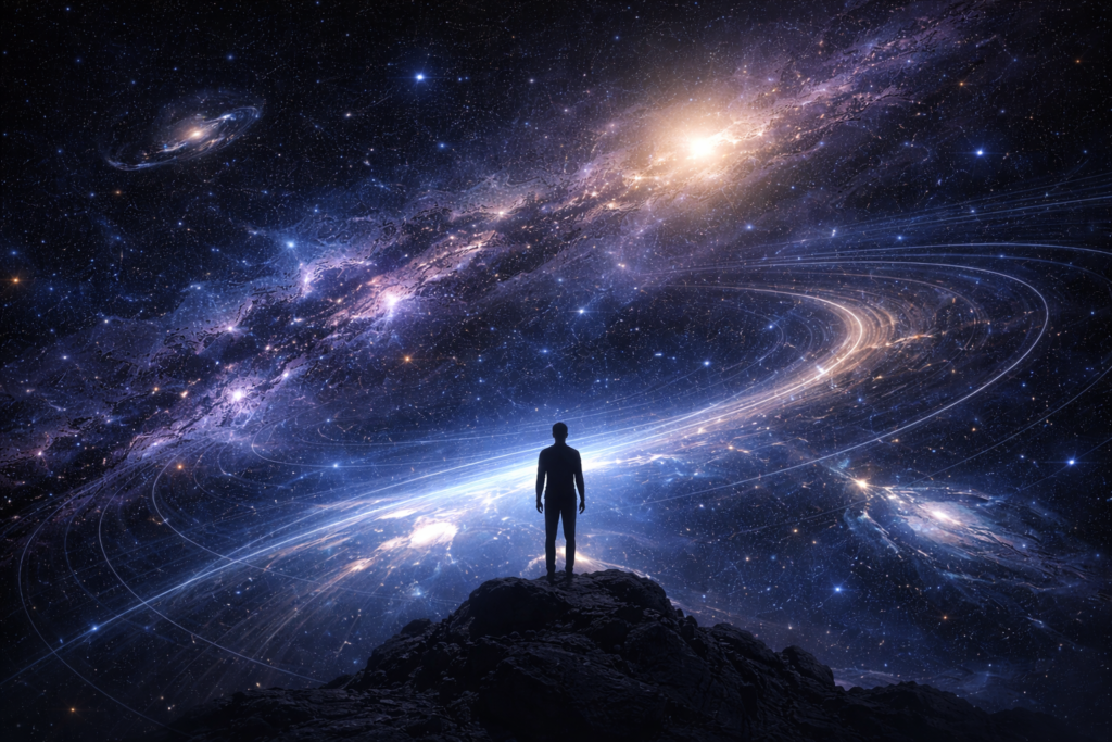 الزمن كأحد أعجب أسرار الكون إنسان صغير أمام مشهد كوني واسع يبرز عظمة الكون وغموض الزمن
