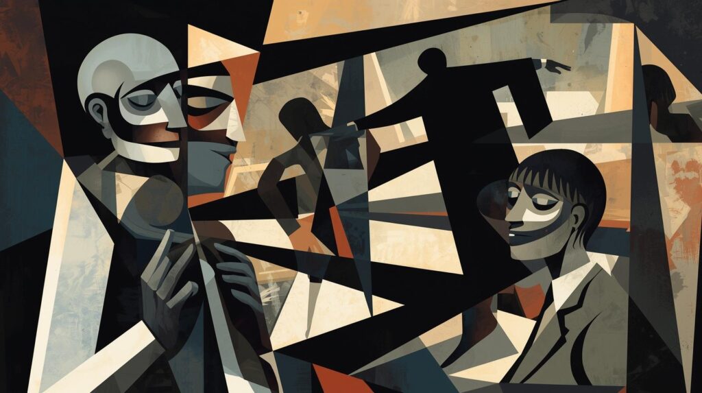 رسم تجريدي بأسلوب بيكاسو يصور الظل الذي يتحرك وحده مع وجهات نظر متعددة لشهود عيان، بأشكال هندسية ووجوه مشوهة تعكس الغموض والتوتر النفسي