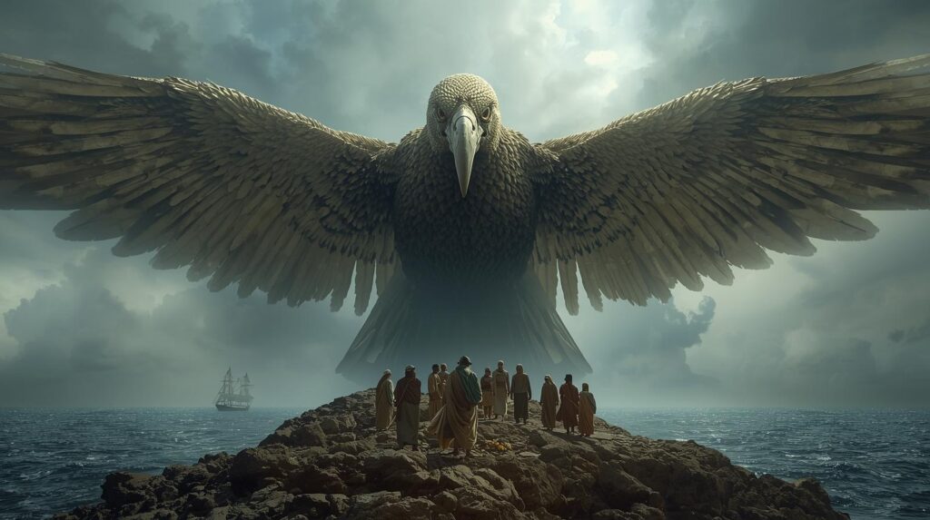 أصل أسطورة طائر الرُخ في التراث العربي طائر الرخ العملاق يقف خلف بحارة عرب قدامى بحجم يفوق الجبال