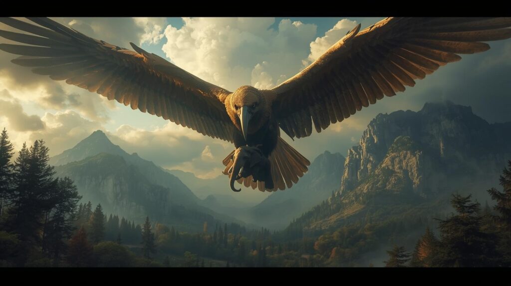 الوصف الأسطوري لطائر الرُخ العملاق طائر الرخ الأسطوري يحمل فيلًا بمخالبه أثناء الطيران