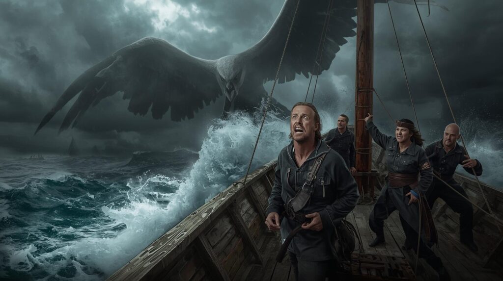 طائر الرُخ والبحّارة في عرض المحيط بحارة مرعوبون على سفينة خشبية يشاهدون طائر الرخ العملاق في العاصفة