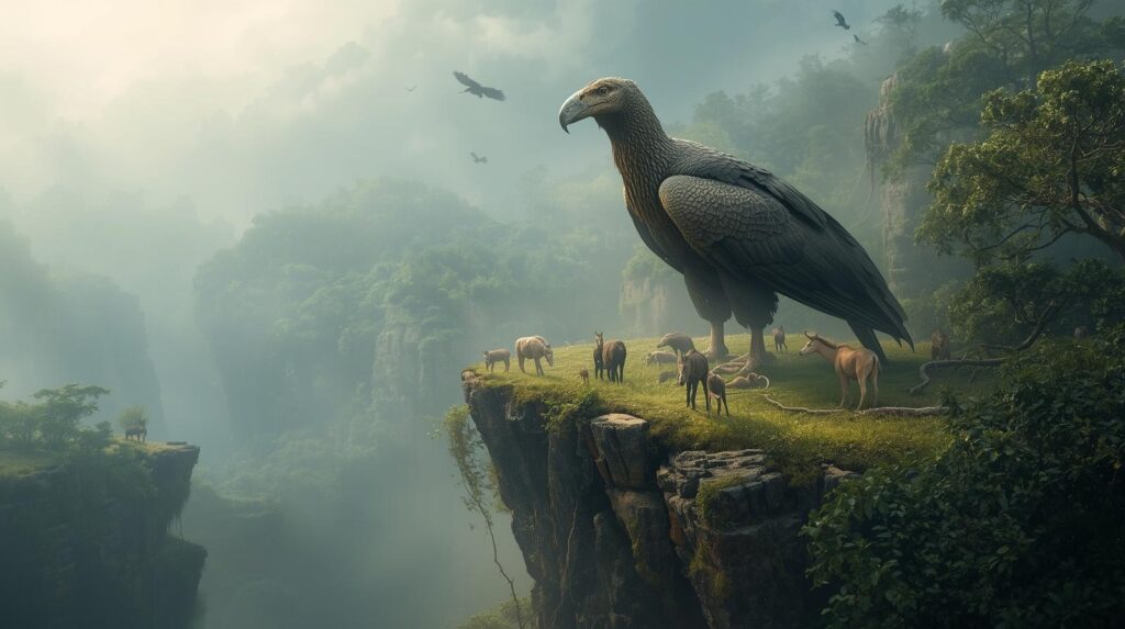 الأصل الحقيقي المحتمل لأسطورة طائر الرُخ طائر عملاق منقرض يشبه طائر الرخ يقف وسط بيئة ما قبل التاريخ