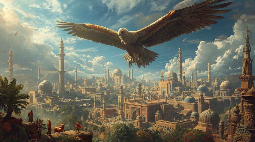 طائر الرُخ في الثقافات غير العربية طائر الرخ العملاق يحلّق فوق معابد وقصور فارسية وهندية قديمة