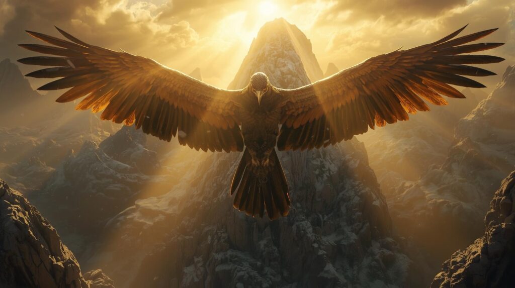 الرُخ كرمز أسطوري للقوة المطلقة طائر الرخ العملاق يحلّق فوق الجبال كرمز للقوة التي لا تُقهر