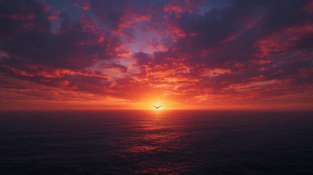 استمرار أسطورة طائر الرُخ عبر العصور ظل طائر رخ عملاق يظهر في الأفق فوق المحيط وقت الغروب