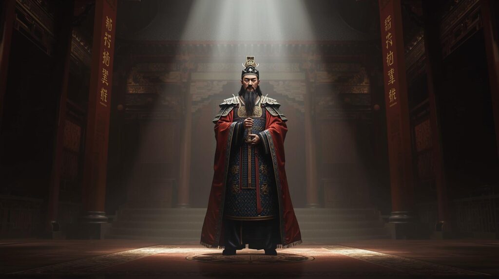 تشين شي هوانغ في قصر الإمبراطور تشين شي هوانغ، أول إمبراطور للصين، يقف في قصر الإمبراطوري يرتدي زي الجيش الملكي التقليدي لعهد تشين.