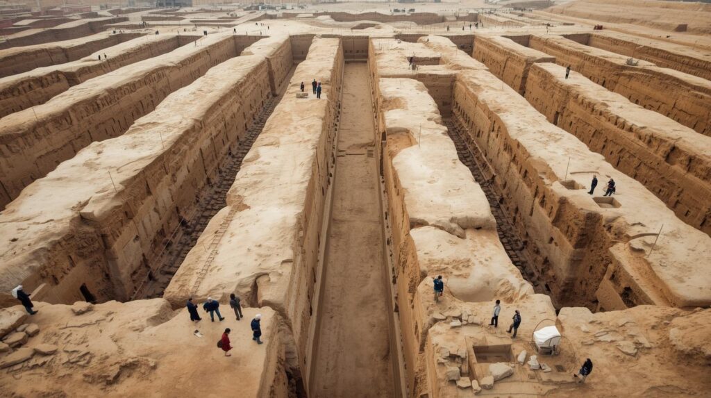 منظر جوي لموقع الحفر في شيان يكشف الحفرة العميقة والواسعة للجيش الطيني، مع علماء آثار منظر جوي لموقع الحفر في شيان يكشف الحفرة العميقة والواسعة للجيش الطيني، مع علماء آثار