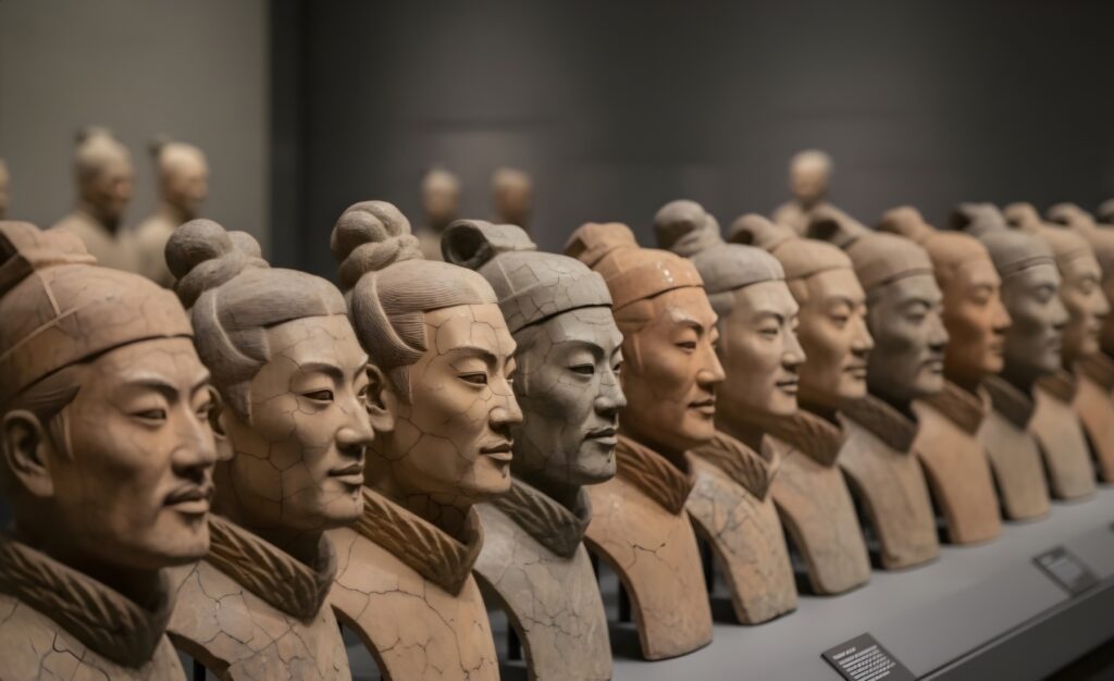 تنوّع وجوه جنود الطين مجموعة من رؤوس الجنود الطينيين، كل رأس بملامح ووجه وتسريحة شعر مختلفة عن الآخر