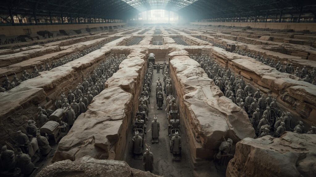 ترتيب الجيش الطيني داخل الحفرة رتبة الجنود الطينيين داخل الحفرة، مشاة، رماة، وعربات حربية مصفوفة بدقة عسكرية.