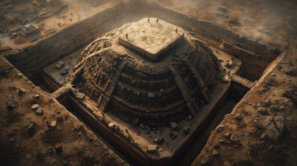 مقبرة الإمبراطور تشين شي هوانغ المغلقة الكومة الترابية الضخمة لمقبرة تشين شي هوانغ، مع الحفر الجزئية حولها تظهر حجم الموقع.