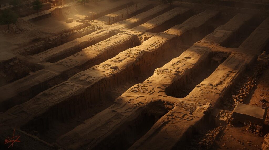 ظلال ونقوش في الأرض توحي بصفوف الجنود الطينيين داخل موقع الحفر، تعكس الغموض والحضارة القديمة منظر بانورامي لمقبرة الإمبراطور تشين شي هوانغ يظهر الظلال والأنماط في التربة التي تشبه جيش الطين، مع الحفر والتربة المتدرجة.