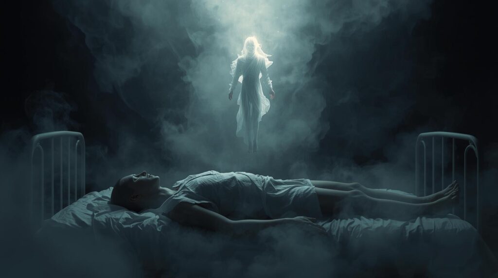 جسد إنسان في حالة غيبوبة وروح شفافة تحوم فوقه بين الحياة والموت.