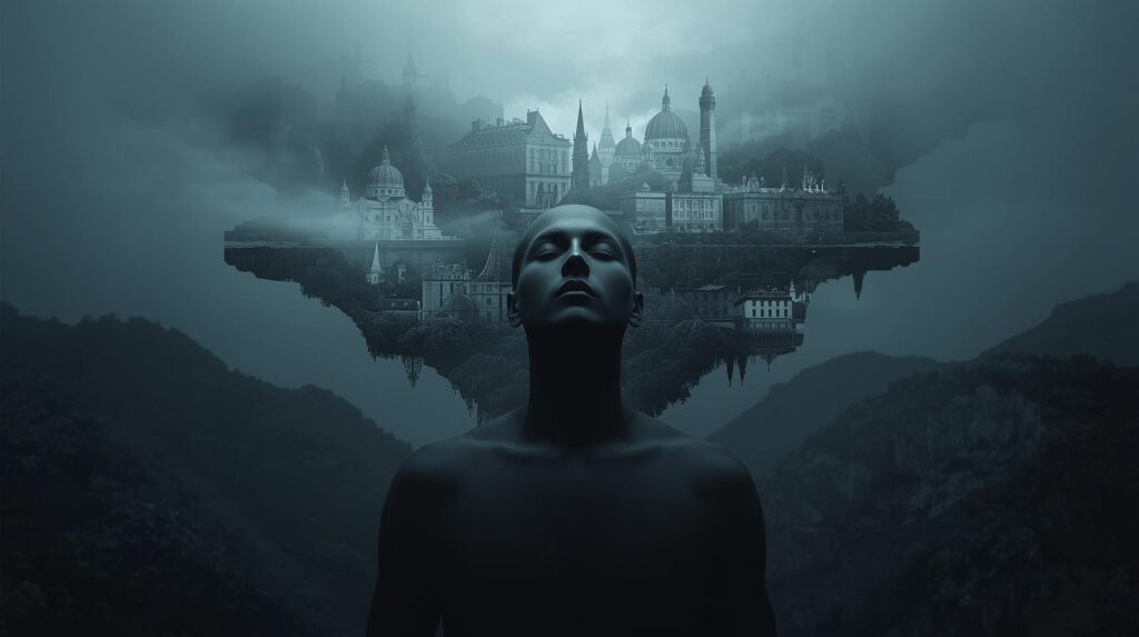 روح الإنسان تراقب العالم من الأعلى بينما الجسد ساكن وعقله غير نشط.