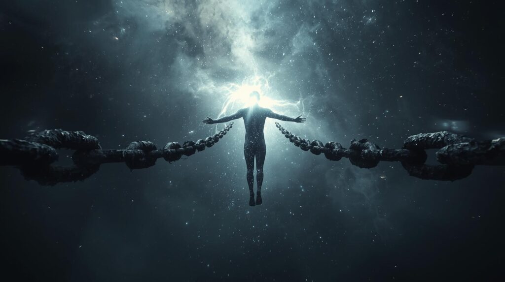 روح متوهجة تتحرر من قيود الجسد نحو فضاء مفتوح لا نهائي.