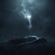 صورة تجسد الإنسان بين الحياة والموت، جسد ساكن وروح تتعالى بين الضوء والظل.