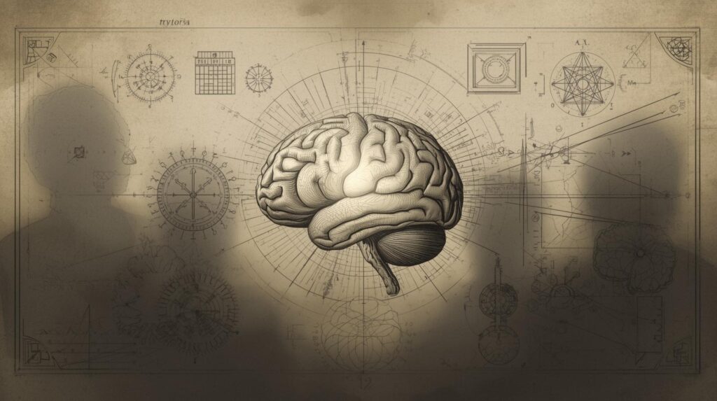 دماغ الإنسان يضيء بنشاط عصبي مكثف مع مؤشرات علمية وأشكال مجردة تحيط به.