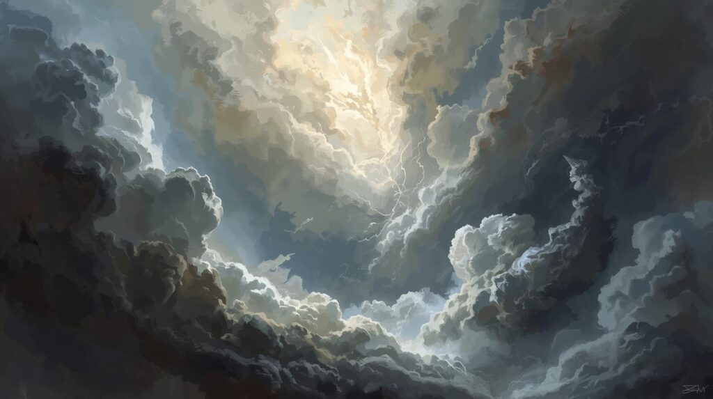 عالم غير محدد يرمز إلى الغيب والحياة البرزخية، ضوء إلهي يظهر من الظلام.