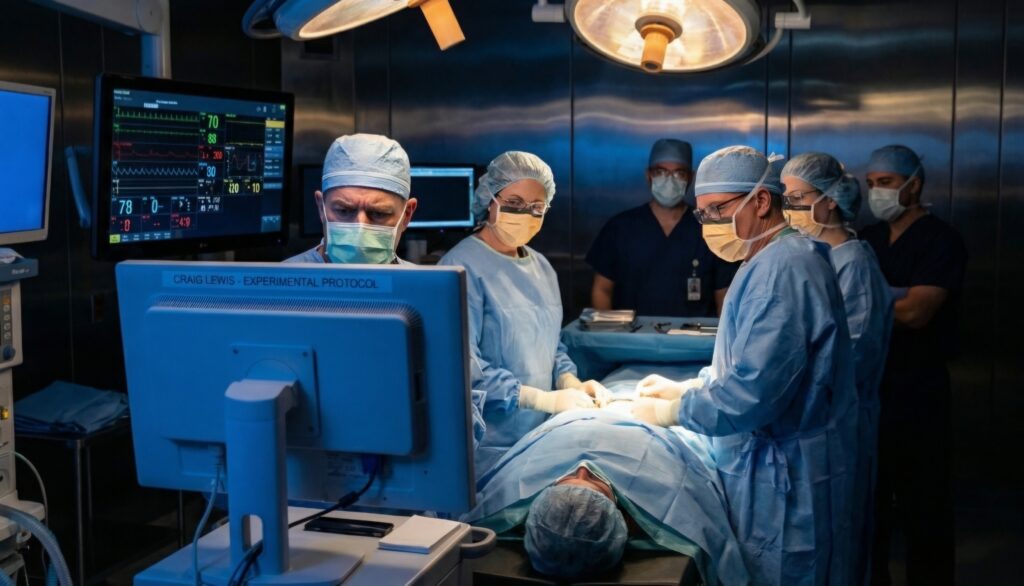 عملية جراحية تجريبية لاستبدال القلب الطبيعي بقلب صناعي داخل غرفة عمليات حديثة