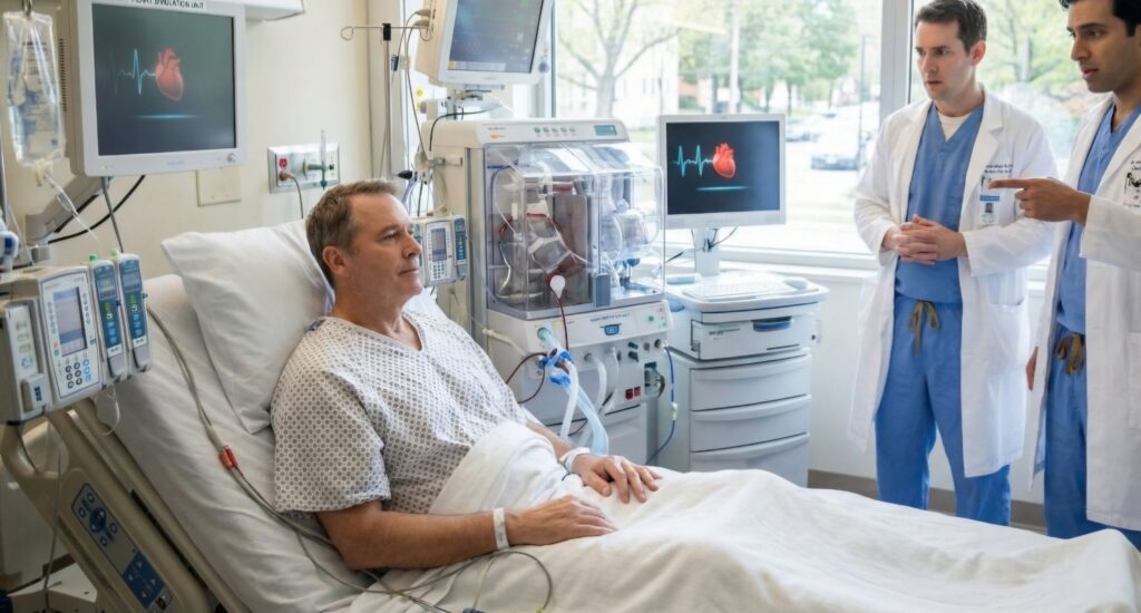كريغ لويس يجلس على سرير المستشفى بعد إزالة قلبه الطبيعي وهو متصل بقلب صناعي