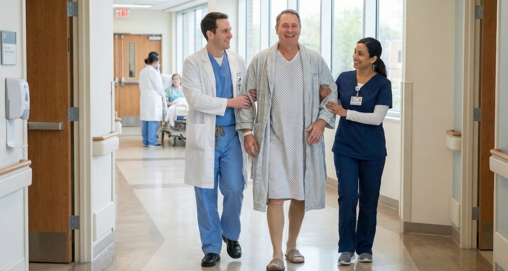 كريغ لويس يمشي داخل ممر المستشفى بعد نجاح تجربة القلب الصناعي