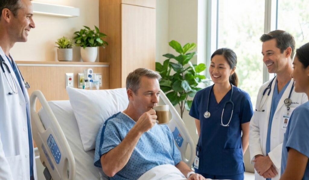 كريغ لويس يحتسي القهوة داخل المستشفى بعد نجاح تجربة القلب الصناعي