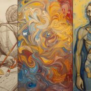 لوحة فنية منقسمة تُجسد تطور جراحة القلب بين الماضي والمستقبل والإنسان بقلب صناعي