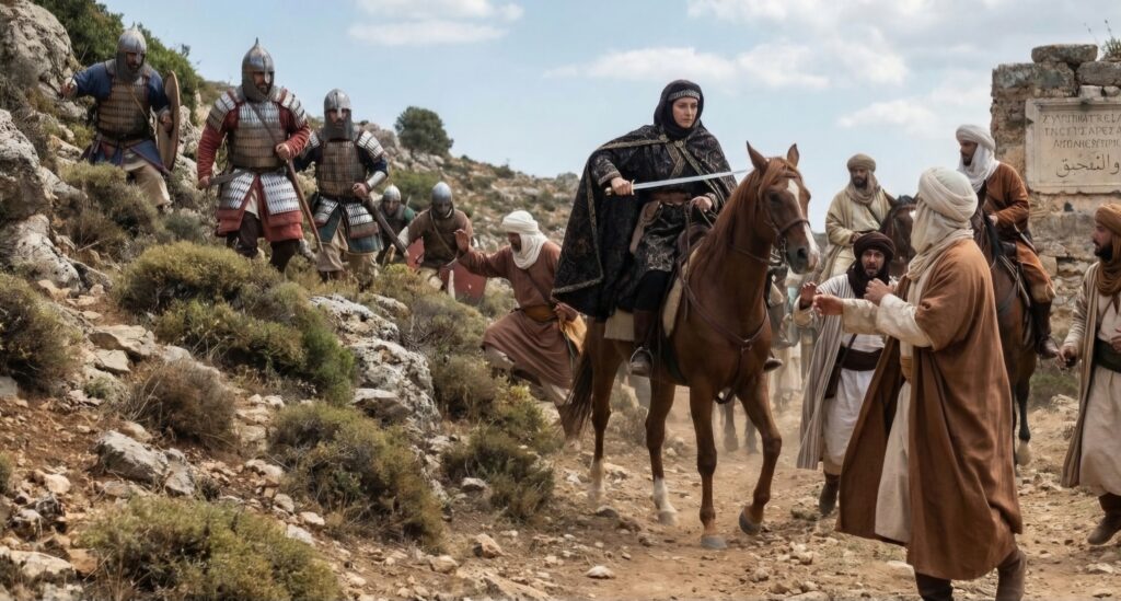 تصوير تاريخي يجسد بداية قصة وامعتصماه، يظهر مجموعة من المسلمين في زمن الصراع الإسلامي البيزنطي، مع امرأة مسلمة شجاعة بدت على ملامحها القوة والثبات رغم وقوعها في الأسر.