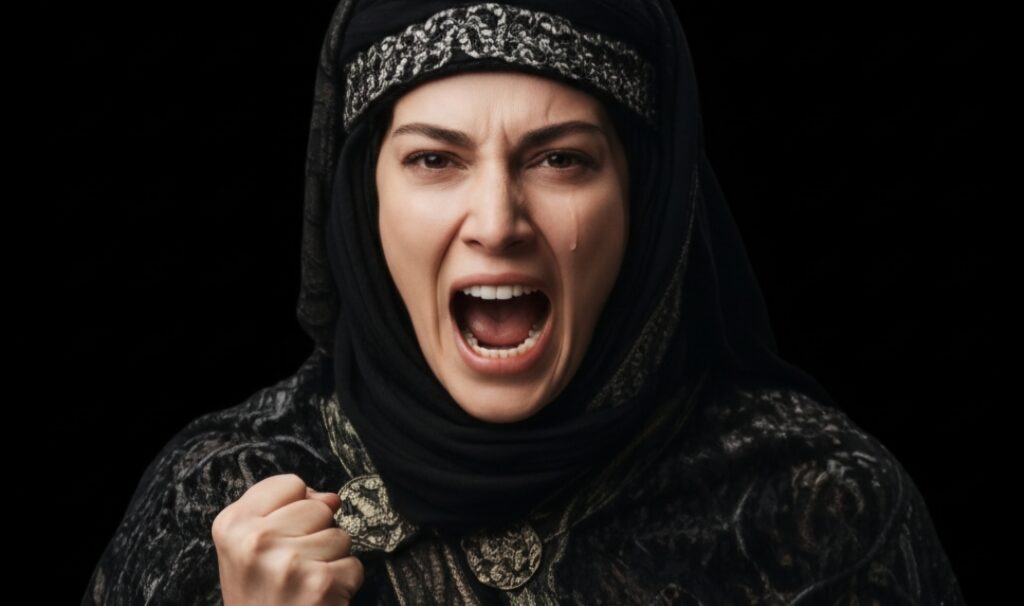 مشهد تعبيري قوي لامرأة مسلمة تصرخ بشجاعة في لحظة خالدة من قصة وامعتصماه، تعكس ملامحها الإيمان والثقة بالله رغم القهر والمعاناة.